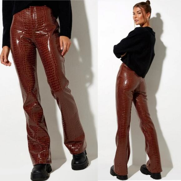 Motel Rocks Zoven Flare Trouser in Croc PU Brown Size Small Chocolate Brown - Picture 11 of 11